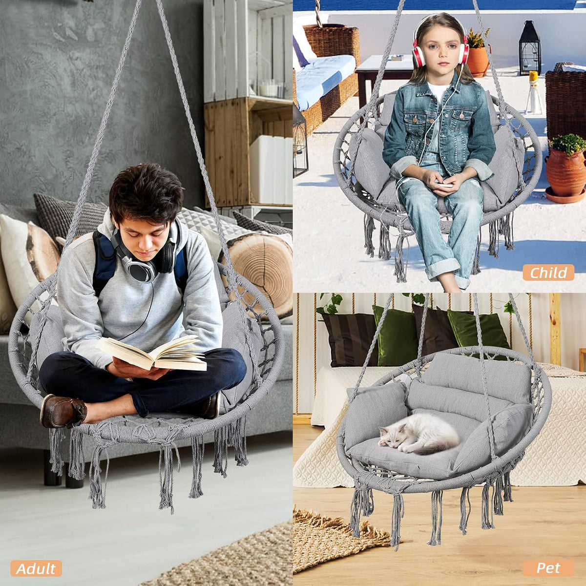 Goutime Hammock Swing Chair Macrame Boho Hanging Chairs Light Grey