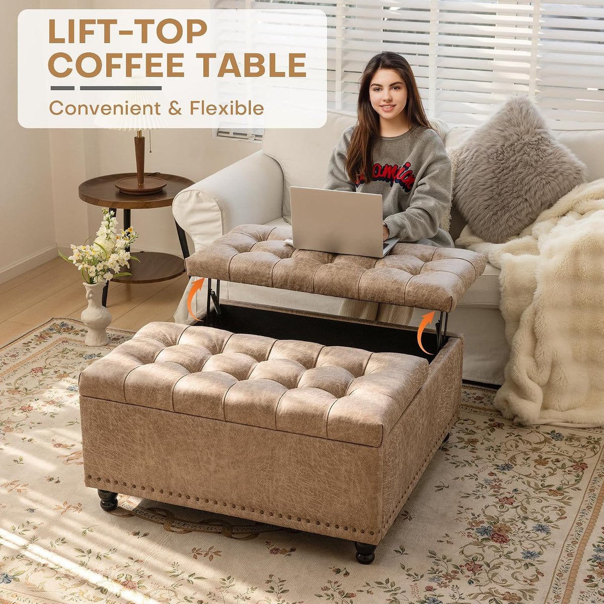 Redlife 35 Inch Large Square Storage Ottoman, Coffee Table Ottoman, Faux