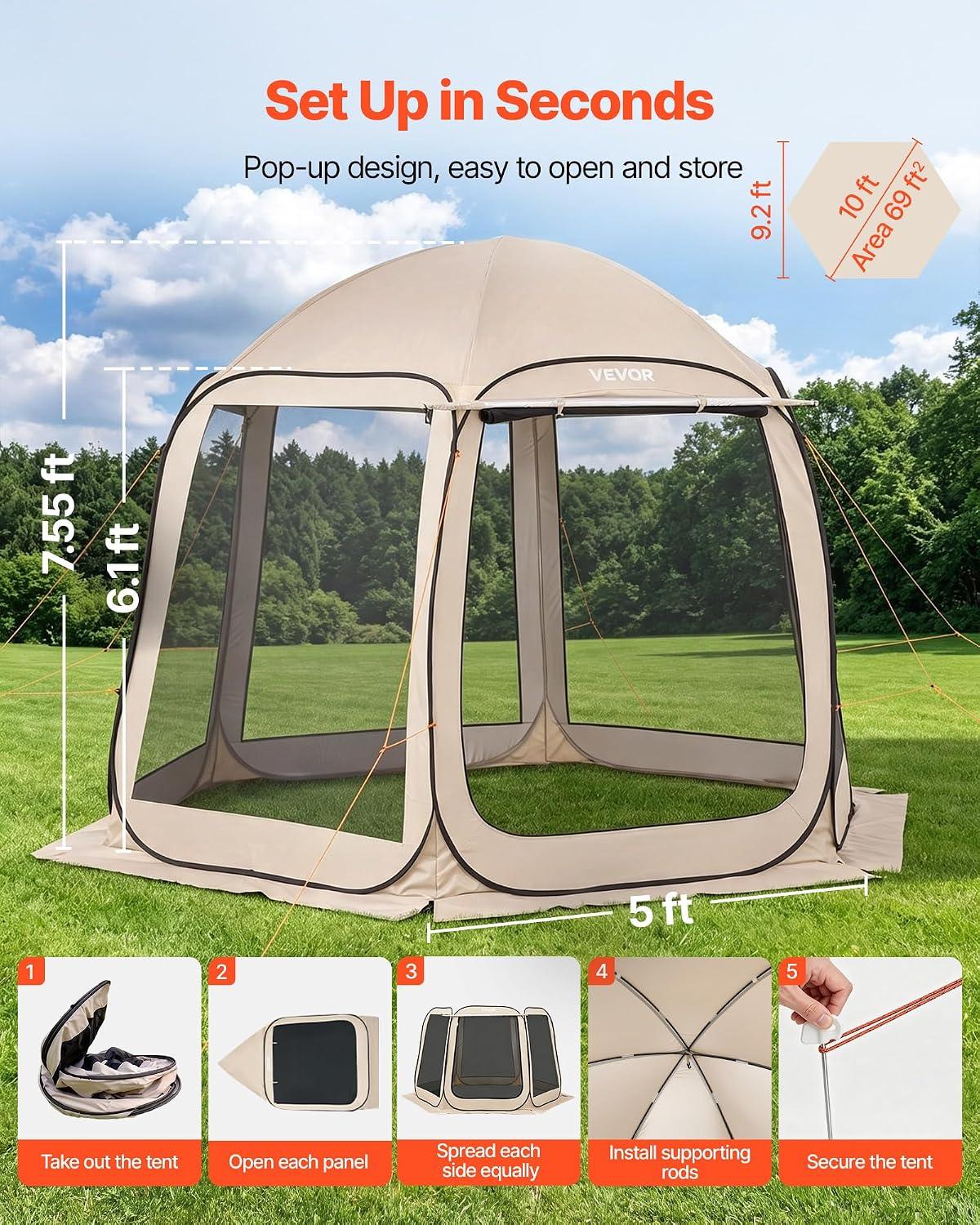 Pop Up Screen House Tent VEVOR 10 x 9.2 FT Pop-Up Screen Room with Awning, Portable Screen Tent Gazebo for 4–8 Person, Instant Screen Canopy with Carry Bag for Patio Backyard Camping