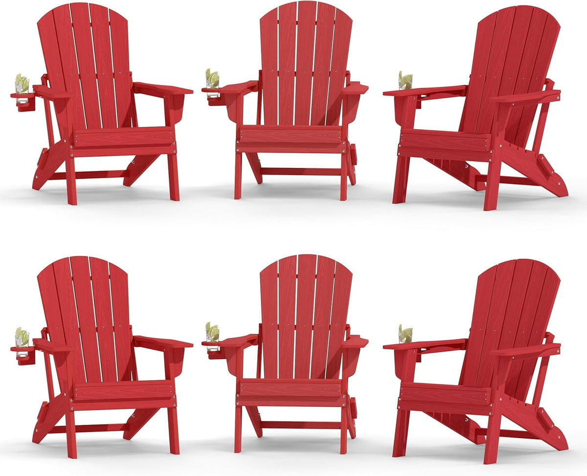 Plawdlik Folding Adirondack Chair Set of 6 with Cup Holder，Wooden Textured ，Heavy All-Weather HDPE Comfortable Set Poolside Backyard Lawn, Red