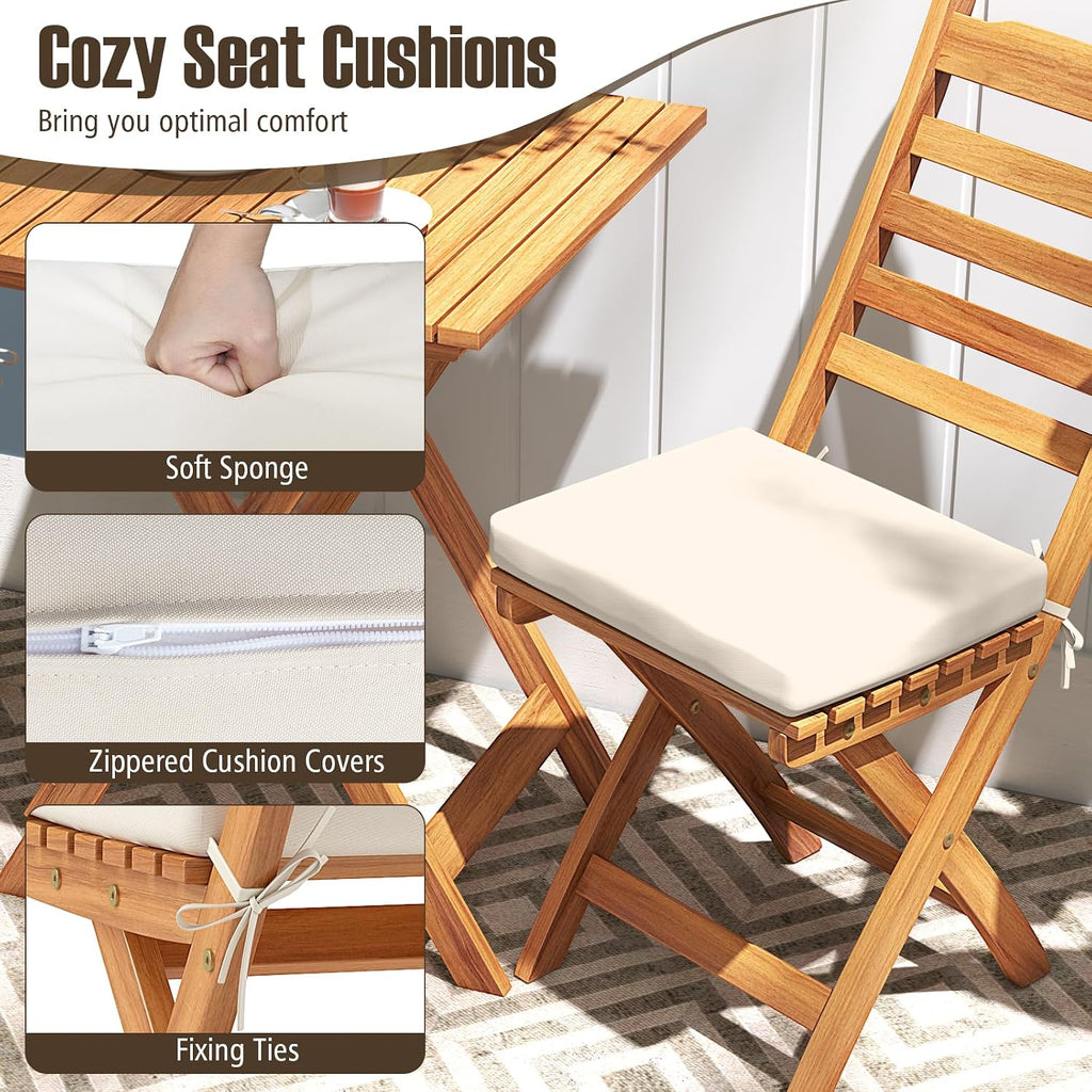 Tangkula Outdoor Wood Bistro Set, Folding Chair Table Set w/Soft Seat Cushions, Acacia Wood High Back Armless Chairs w/Table, Patio Cushioned Dining Set for Backyard, Poolside (White)
