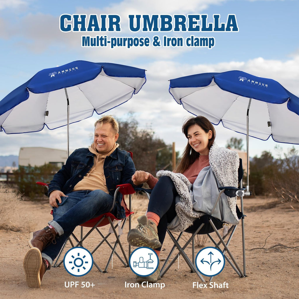 AMMSUN Chair Umbrella with Universal Clamp Adjustable 47 inches and 360° Swivel & UPF 50+ Protection Portable Sun Umbrella, Secure Clip on Camping/Beach Chairs, Stroller, Wheelchair, Golf cart, Lounger, Blue, 2 PACK