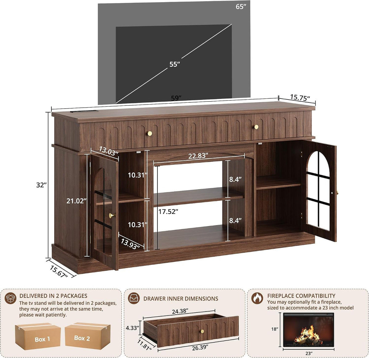 IRONCK TV Stand for 65 Inch TV with Charging Station, Walnut Brown