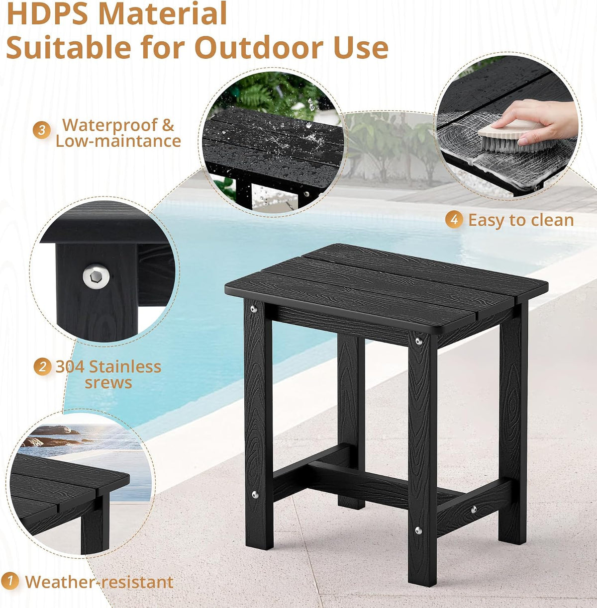 lue bona small outdoor side table, hdps adirondack showing dimensions
