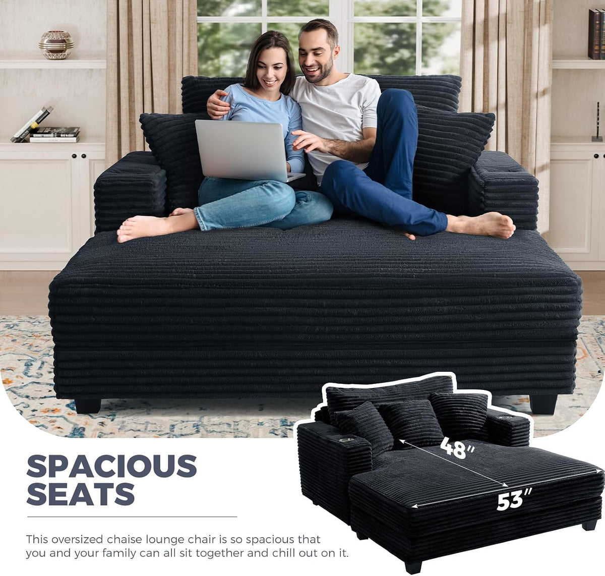 HUSFU 60" Chaise Lounge Chair Indoor, Wood Frame, Black