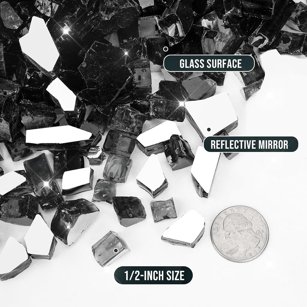 Skyflame 15LB Onyx Black Fire Glass, 1/2 Inch Reflective Fireplace Glass