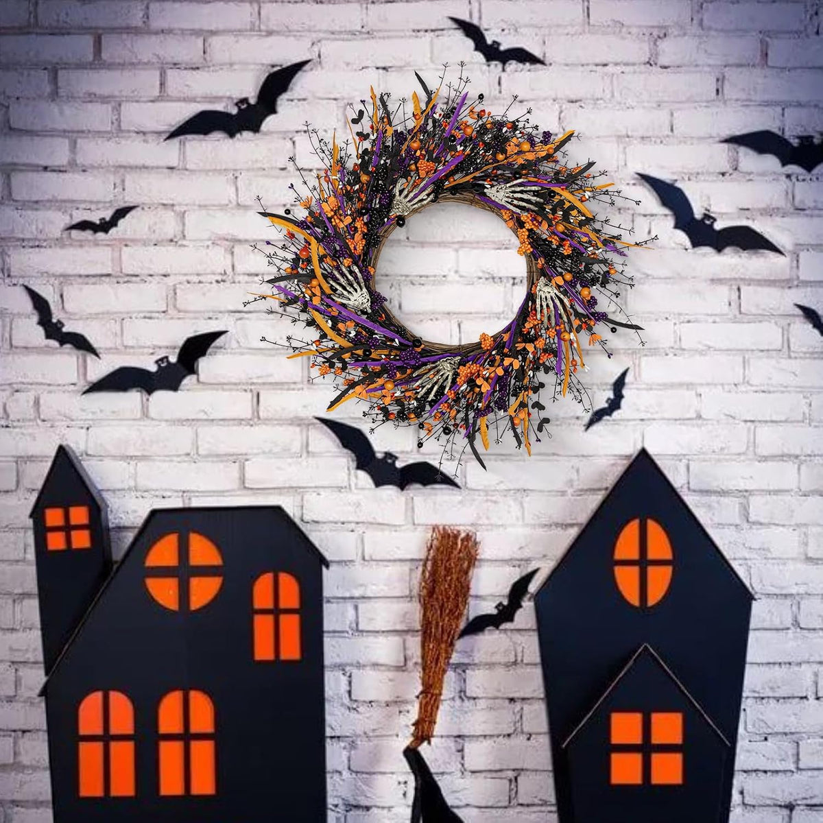VioletEverGarden Halloween Wreaths for Front Door 22 Inch Skeleton Black Wreath Handmade Halloween Door Wreath with Purple and Orange Berries for Gothic Decorations