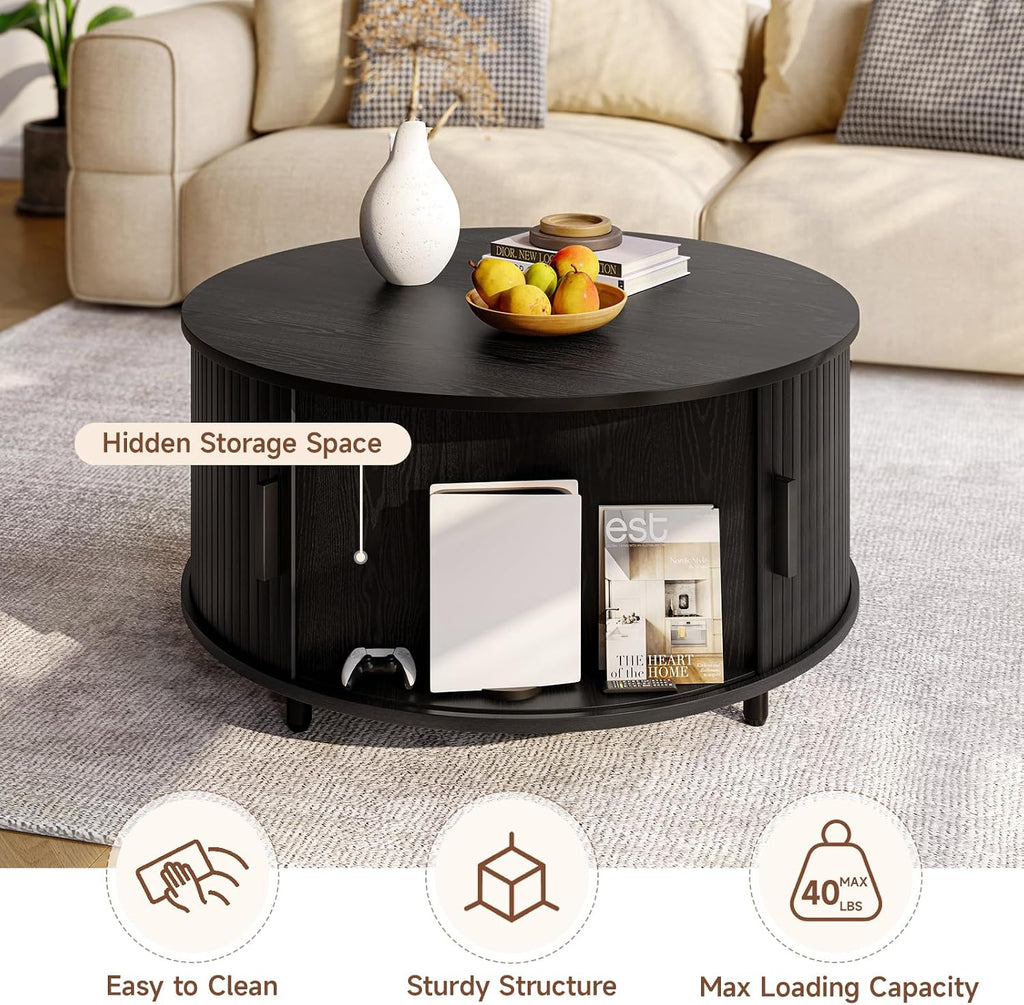 ONBRILL 31.5" Round Coffee Table with Storage Adjustable Footpads, Black