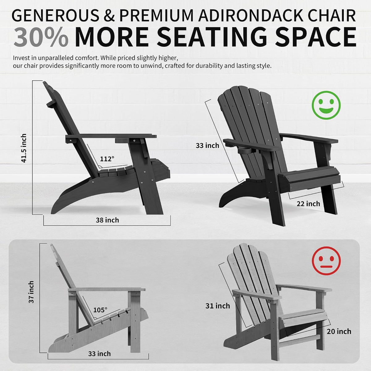 Psilvam Oversized Adirondack Chairs with Cup Holder, Black