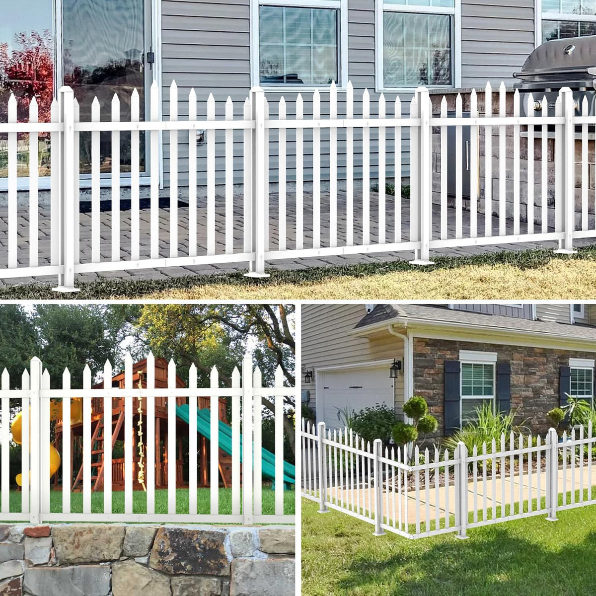 1 Set Vinyl Picket Fence Panels White 84''Wx36''H PVC Decorative Fencing Barrier for Outdoor Porch Patio Backyard Garden Pool with 20 Pickets Curved