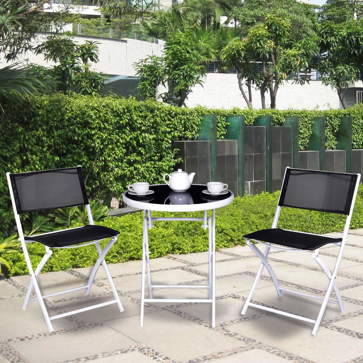 Giantex Bistro Table Set, 3 Piece Patio Bistro Set, Outdoor Folding Table and Chairs, Foldable Patio Dining Set, Porch Furniture Set Garden Backyard Metal Frame No Assembly, Black