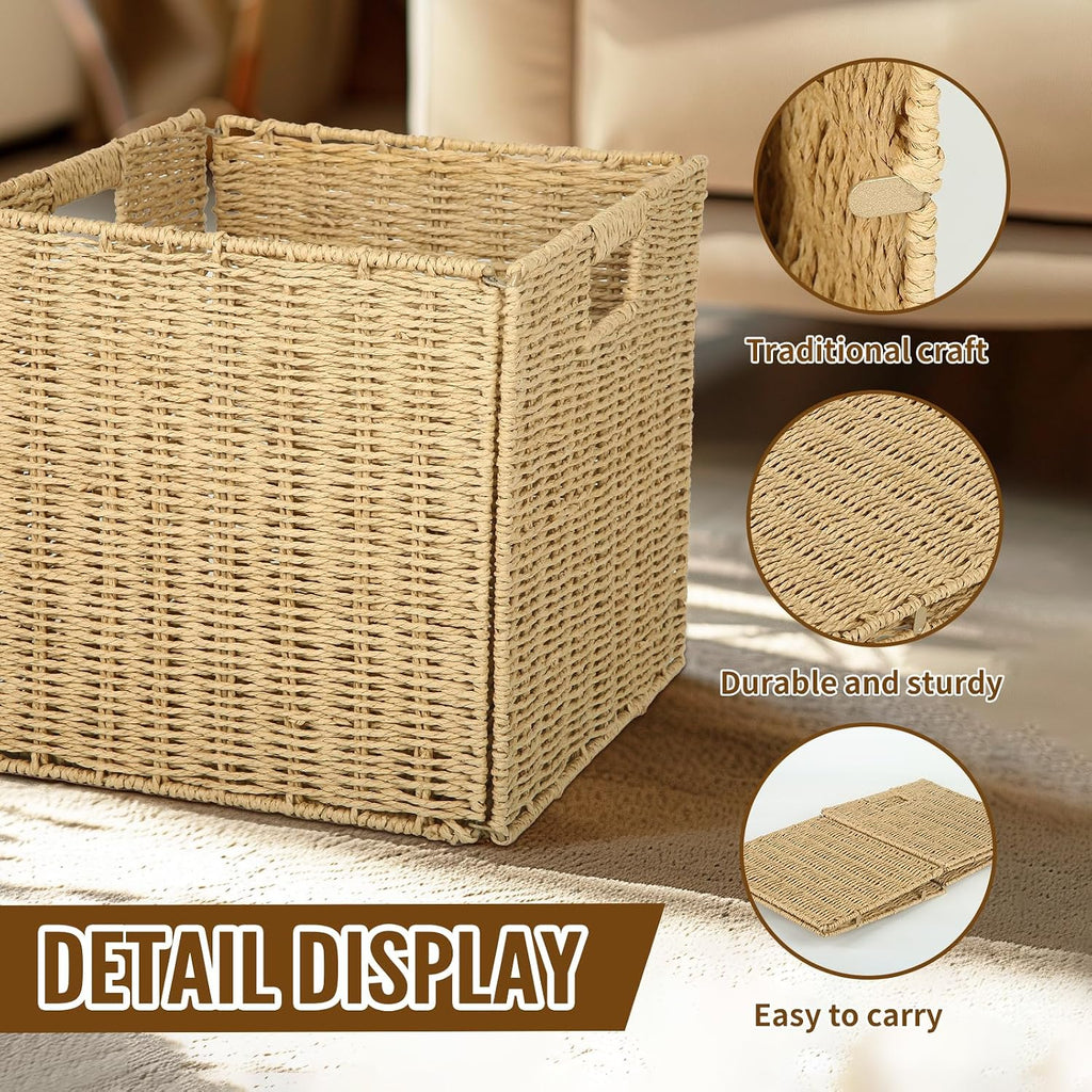 4Pcs Cube Storage Bin,Collapsible Storage Basket, Shelf Organizer with Insert Handle, 12 * 12 * 12 Inch Hand Woven Seagrass Basket, Suitable for Bedroom Storage and Other Scenarios