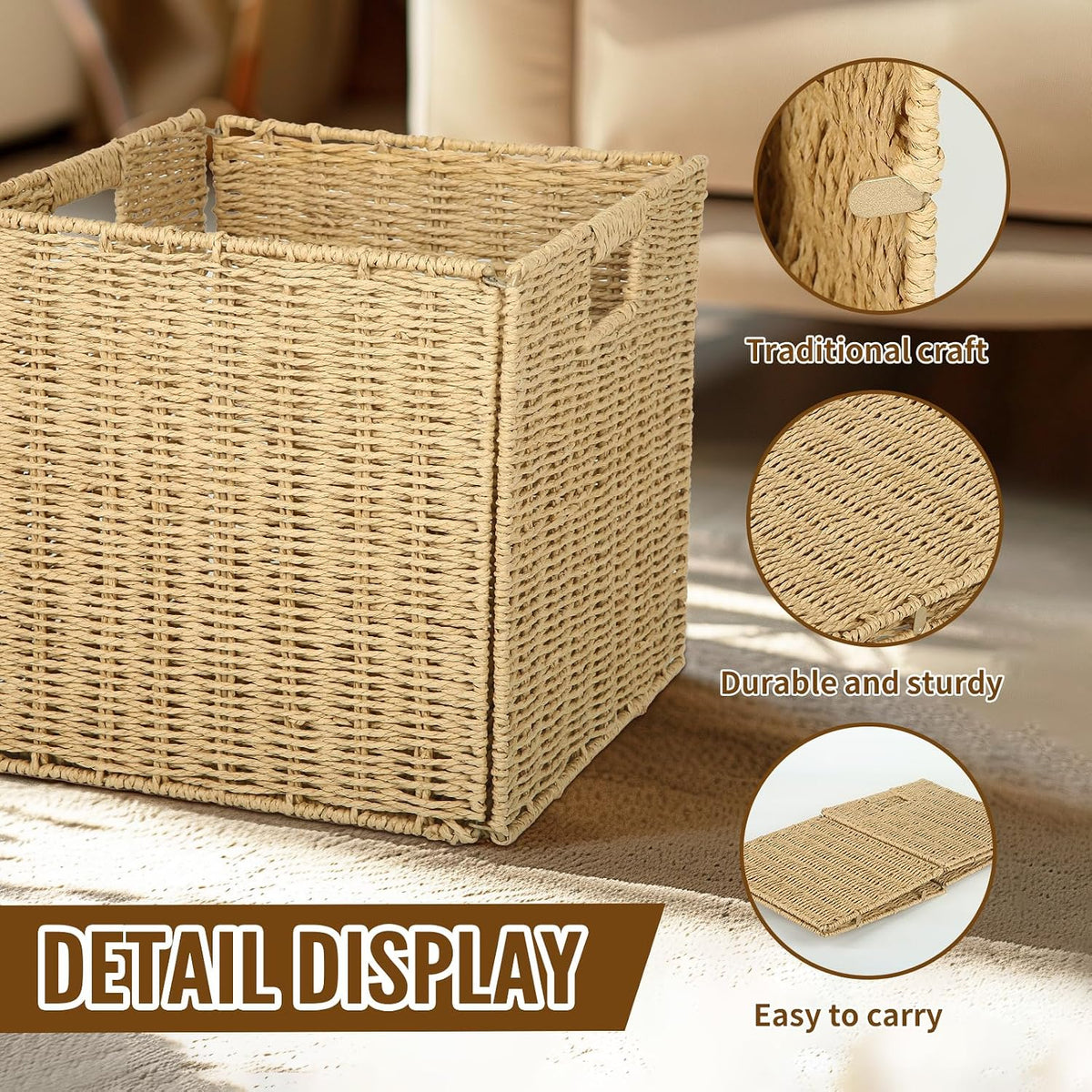 4Pcs Cube Storage Bin,Collapsible Storage Basket, Shelf Organizer with Insert Handle, 12 * 12 * 12 Inch Hand Woven Seagrass Basket, Suitable for Bedroom Storage and Other Scenarios