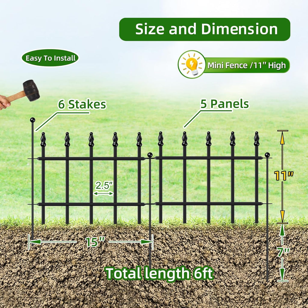 Decorative Metal Garden Fence 11" x 6', Small Fence Border with Stakes