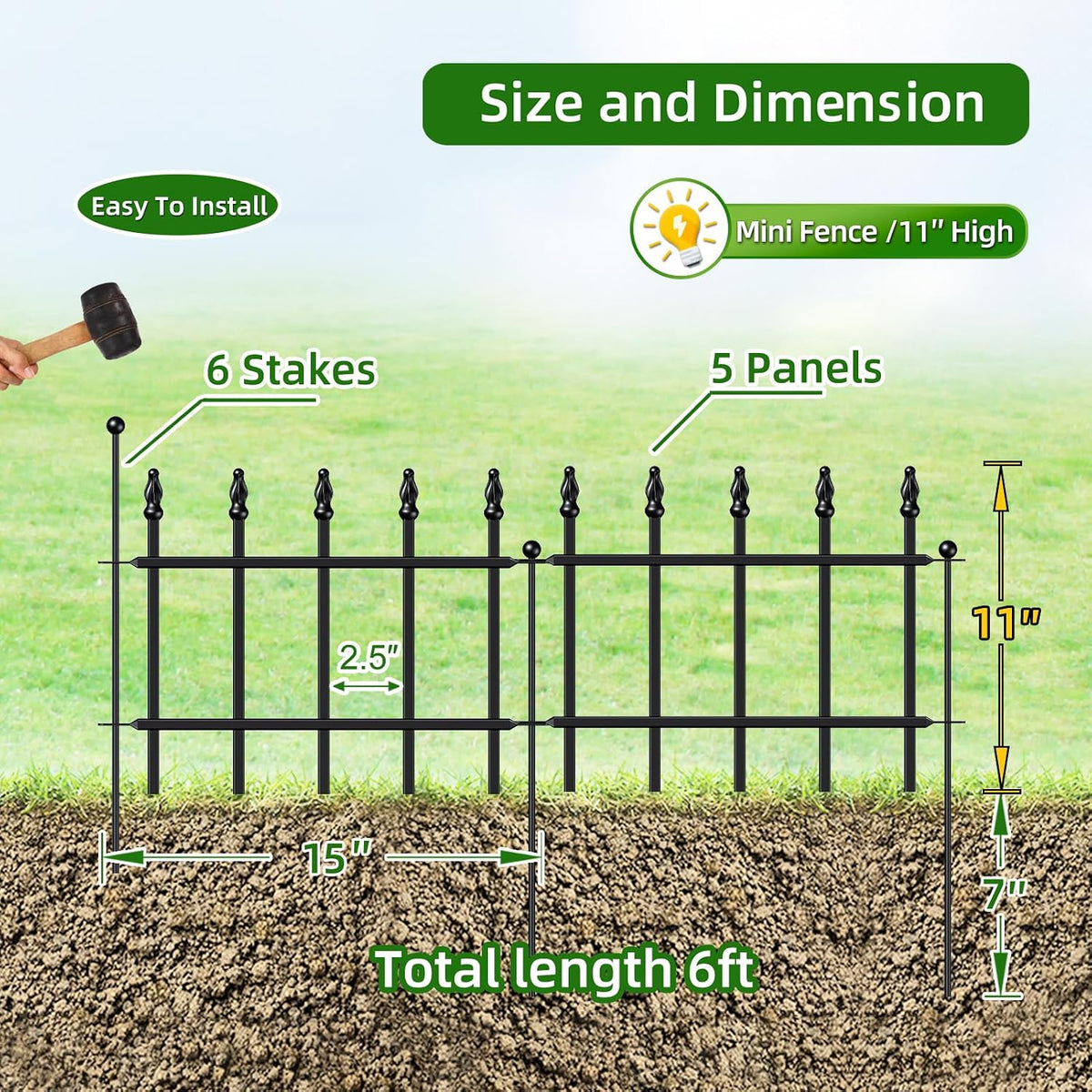 Decorative Metal Garden Fence 11" x 6', Small Fence Border with Stakes