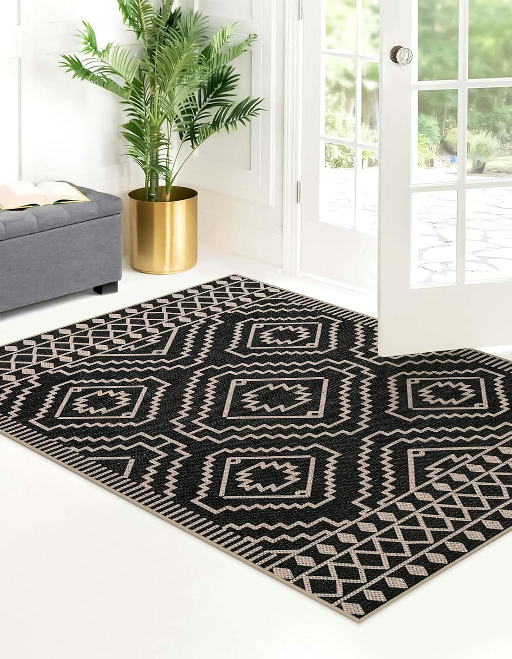 Lahome Moroccan Black Outdoor Rug, 3x5 Easy Jute Washable Entryway Rug