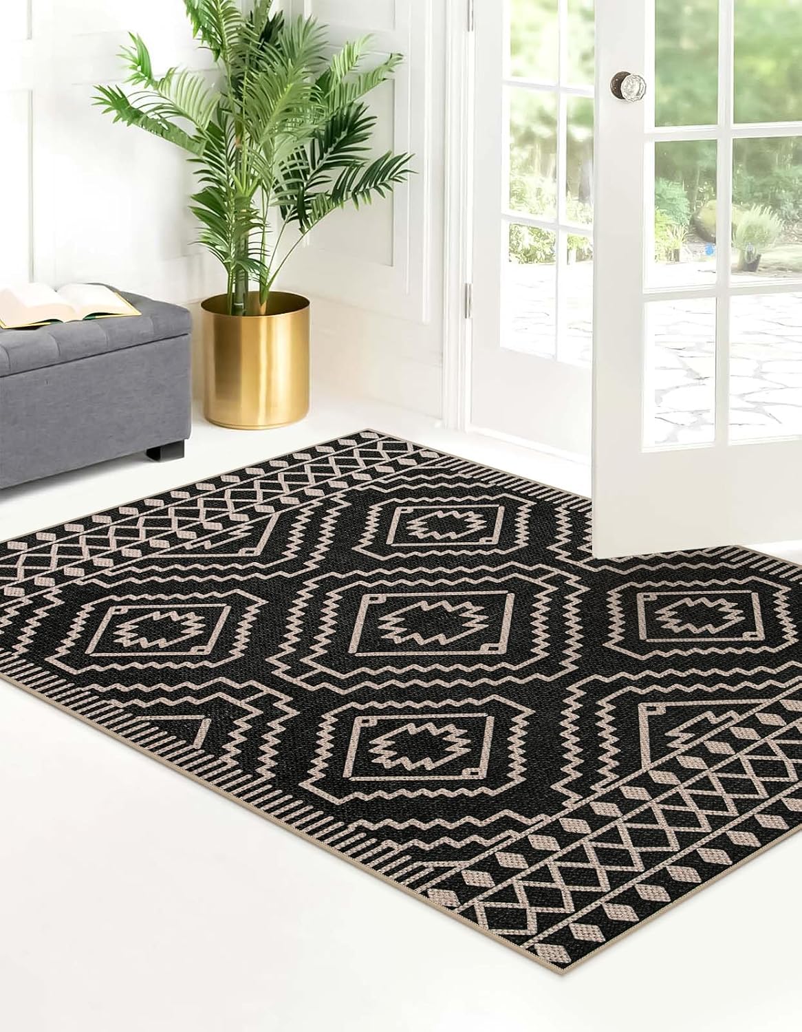 Lahome Moroccan Black Outdoor Rug, 3x5 Easy Jute Washable Entryway Rug