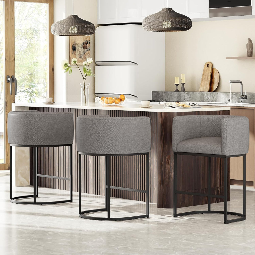 26" H Counter Height Bar Stools Set of 4, Modern Barrel Counter Stools with Backrest and Arms, Linen Fabric Upholstered Accent Barstools for Kitchen Island,Support 450 LBS (Gray)