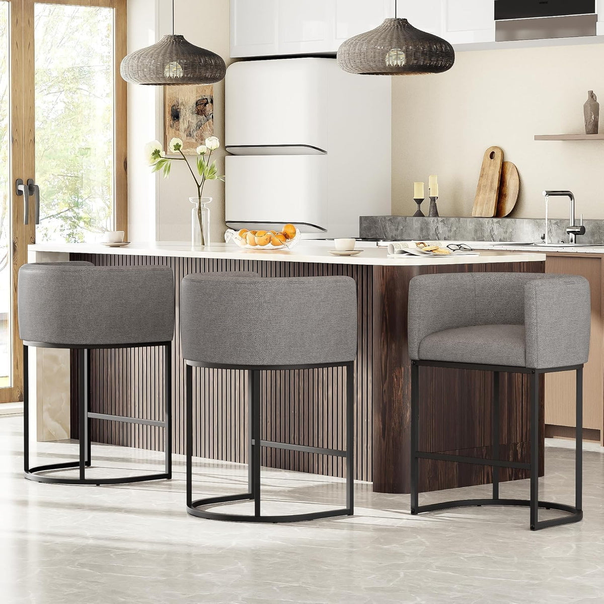 26" H Counter Height Bar Stools Set of 4, Modern Barrel Counter Stools with Backrest and Arms, Linen Fabric Upholstered Accent Barstools for Kitchen Island,Support 450 LBS (Gray)