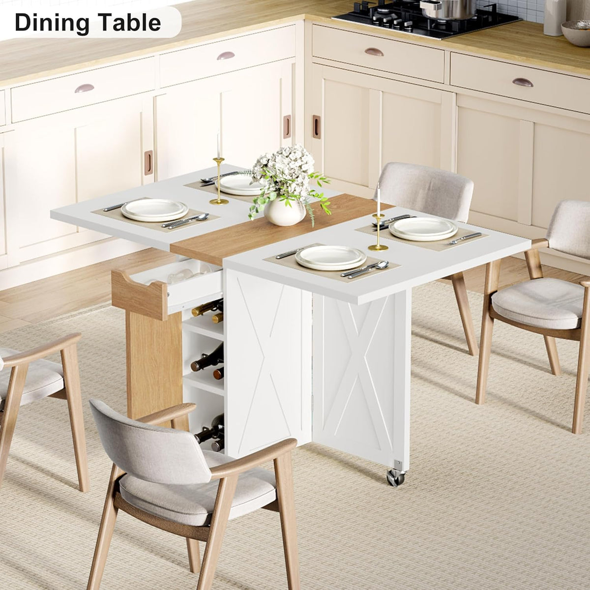 Folding Dining Table for 2-6, Easy Assembly, White+Oak