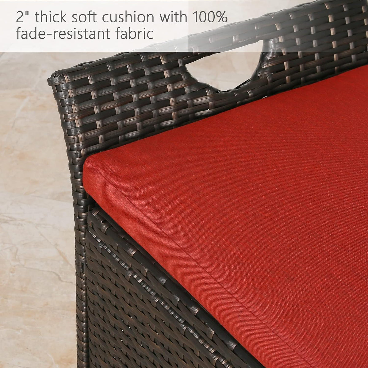 Patio Wicker Storage Bench,Outdoor Rattan Deck Box with Cushion, Red