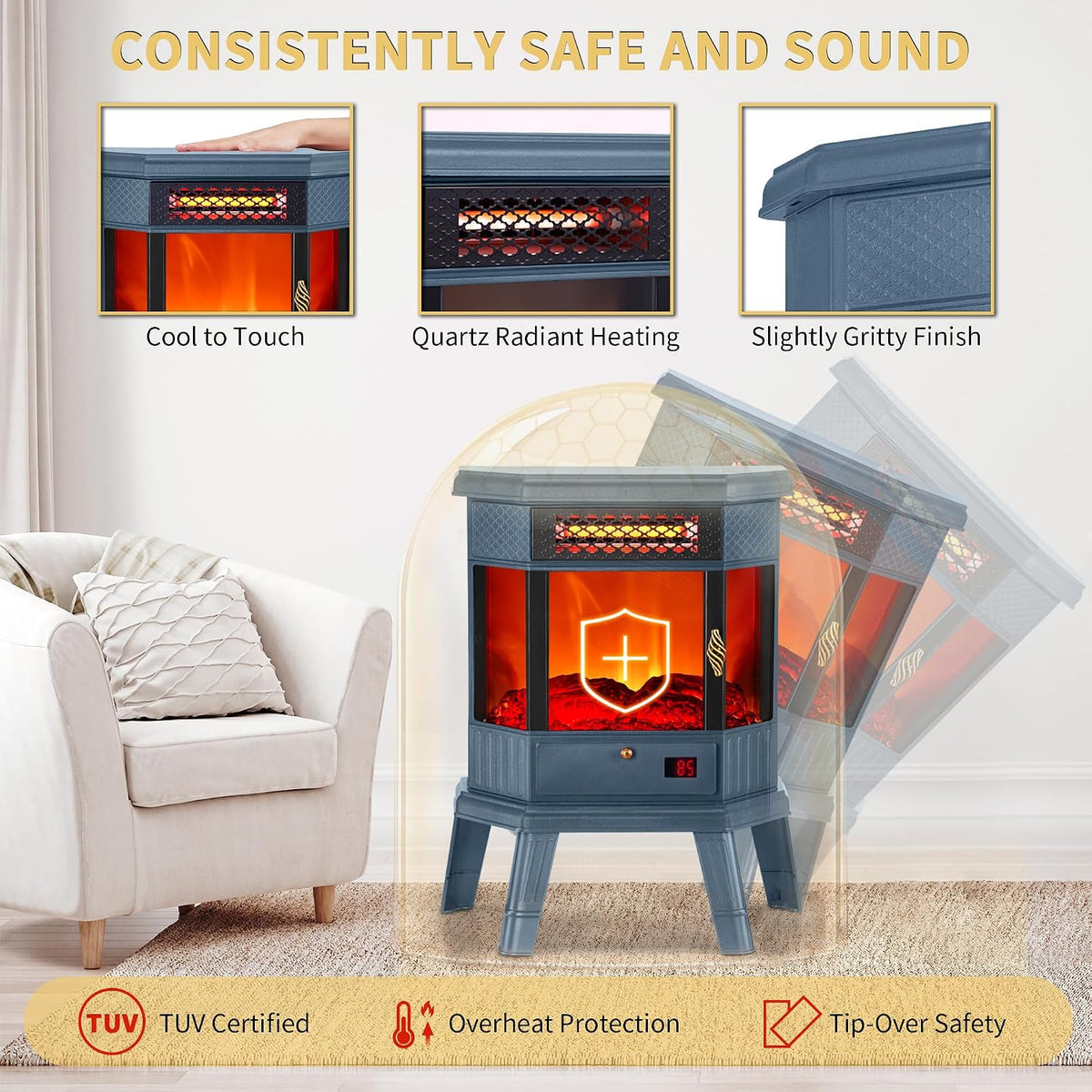 RealSmart Electric Fireplace Heater 22 in Freestanding Fireplace Stove Infrared Fireplace with 3D Flame Effect Remoted Control, Timer, Overheating Protection (Blue)
