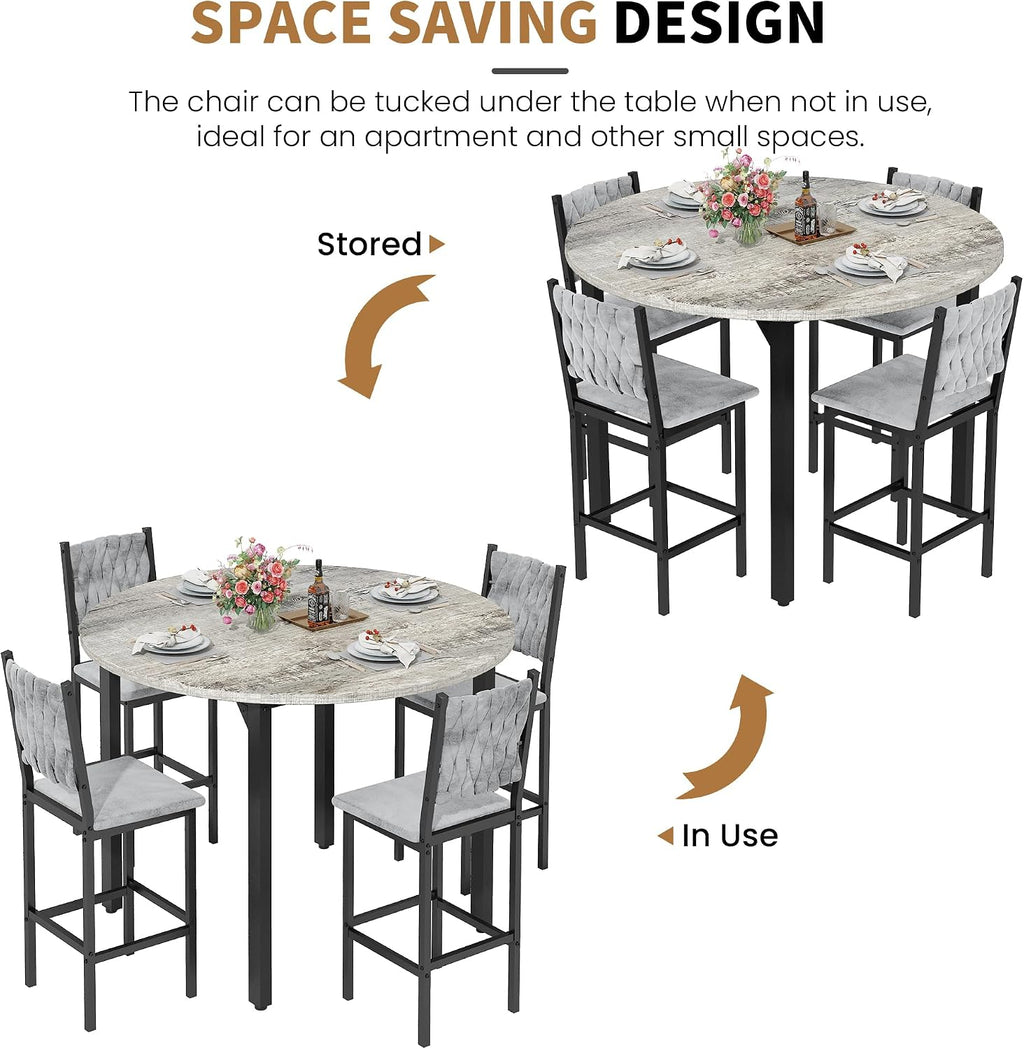 AWQM Round Dining Table Set for 4, Gray Hand-Woven Velvet Bar Stools(Gray)