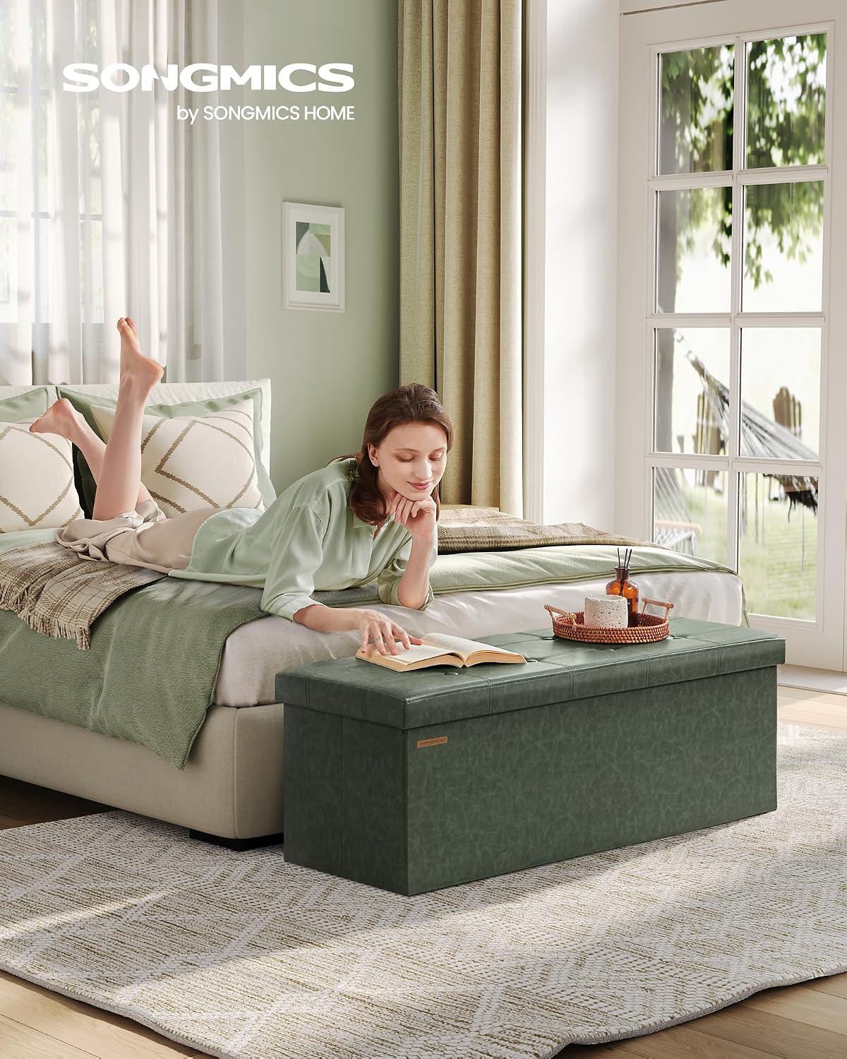 SONGMICS Storage Ottoman Bench, 43.3 Inches Folding Foot Rest Stool