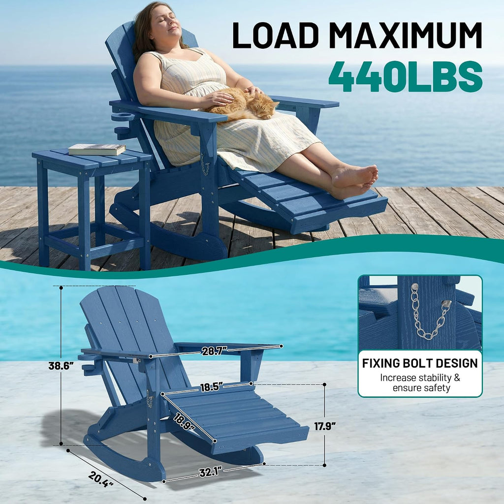 PLUUV Folding Adirondack Rocking Chair with Retractable Ottoman, Navy Blue