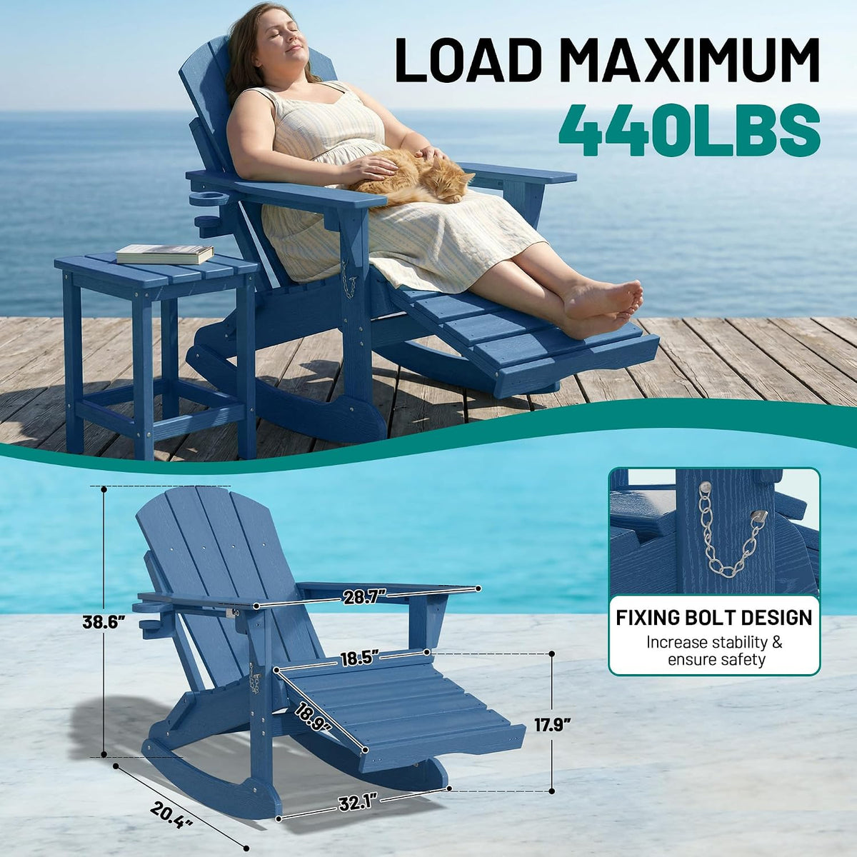 PLUUV Folding Adirondack Rocking Chair with Retractable Ottoman, Navy Blue