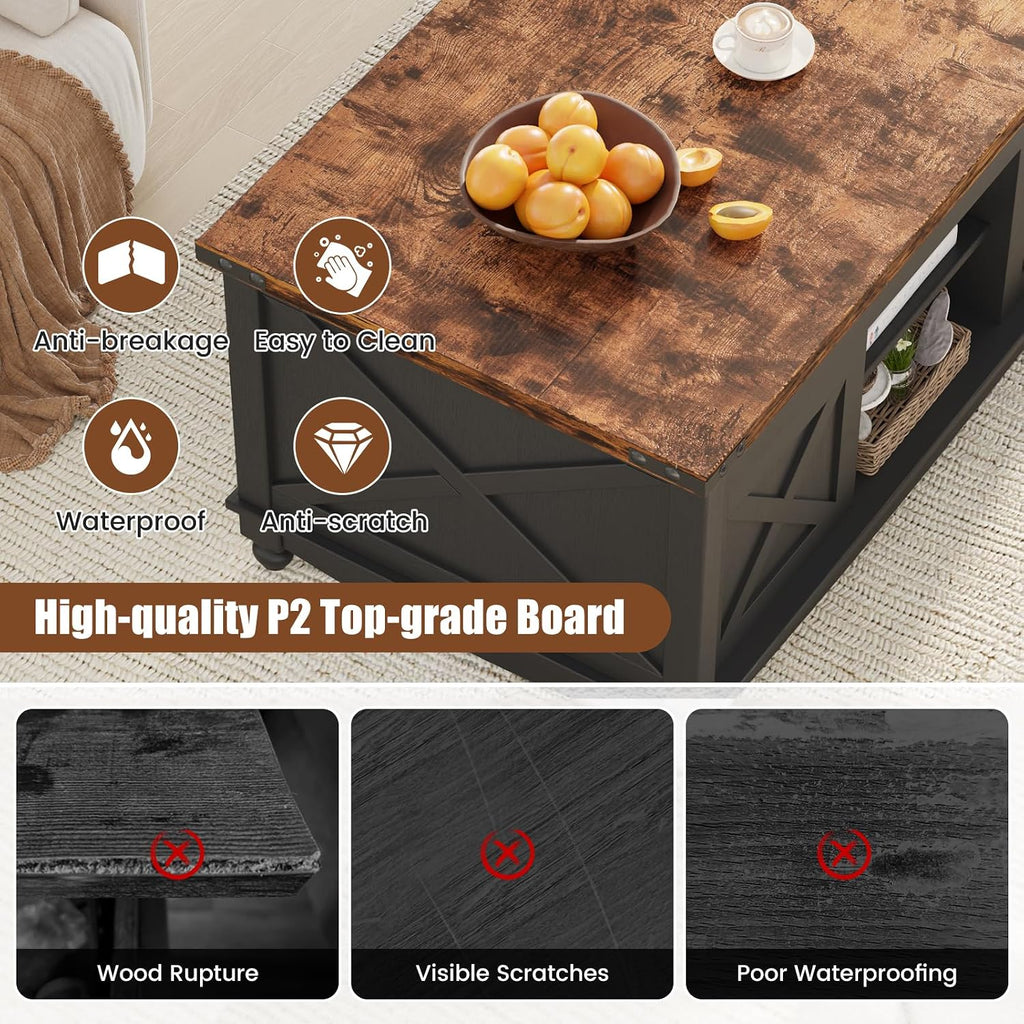 ALLSTAND 48" Farmhouse Lift Top Coffee Table with Storage Sliding Barn Door & Large Hidden Compartment, Coffee Table with Lifting Top with Wooden Lift Tabletop, Coffee Tables for Living Room, Black