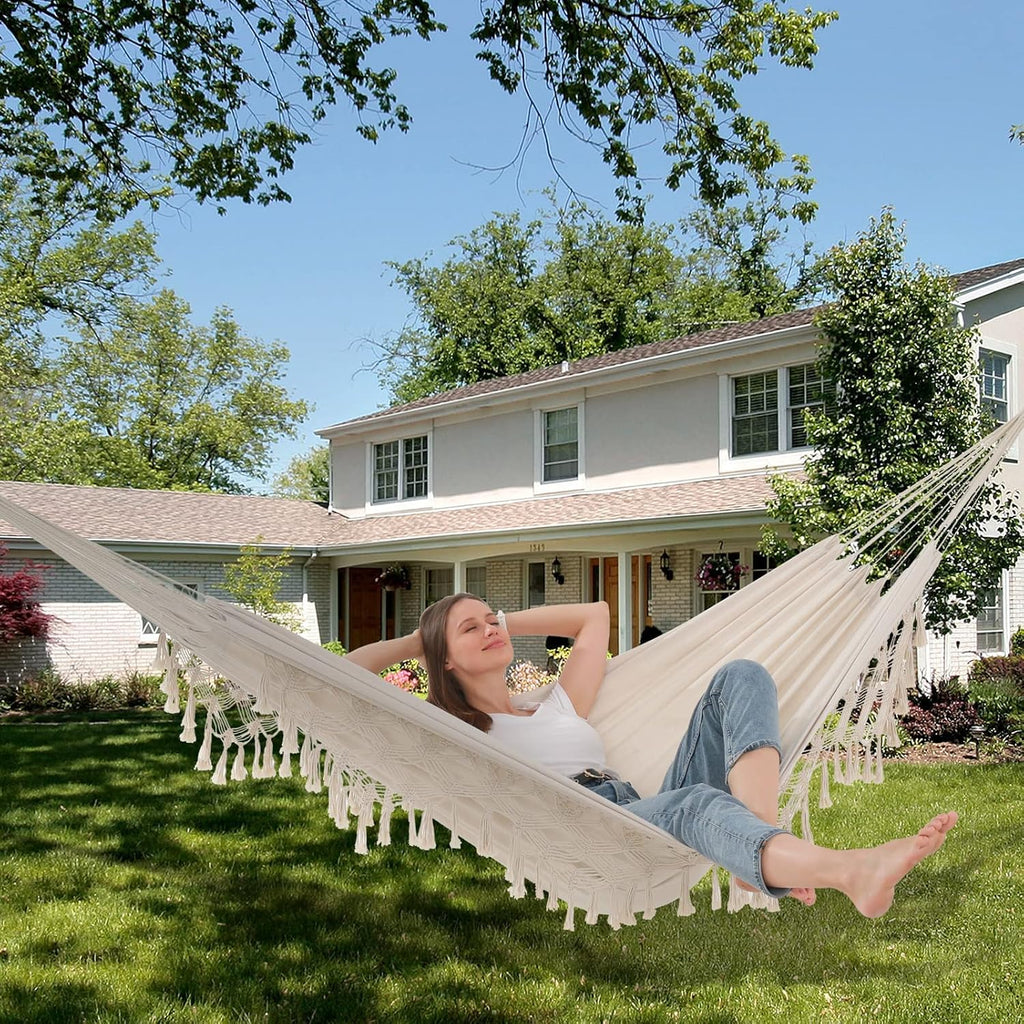 Hammock Hanging Swing Double Max 500lbs Macrame for Indoor Outdoor Patio Yard Garden (Beige)