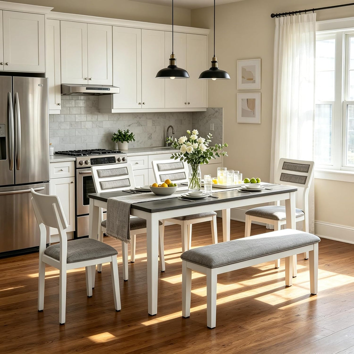Merax 6-Pieces Solid Wood Dining Table Set for 6, Farmhouse Kitchen Room Table Set with 4 Upholstered Chairs and 1 Bench for Living Room - White+Gray
