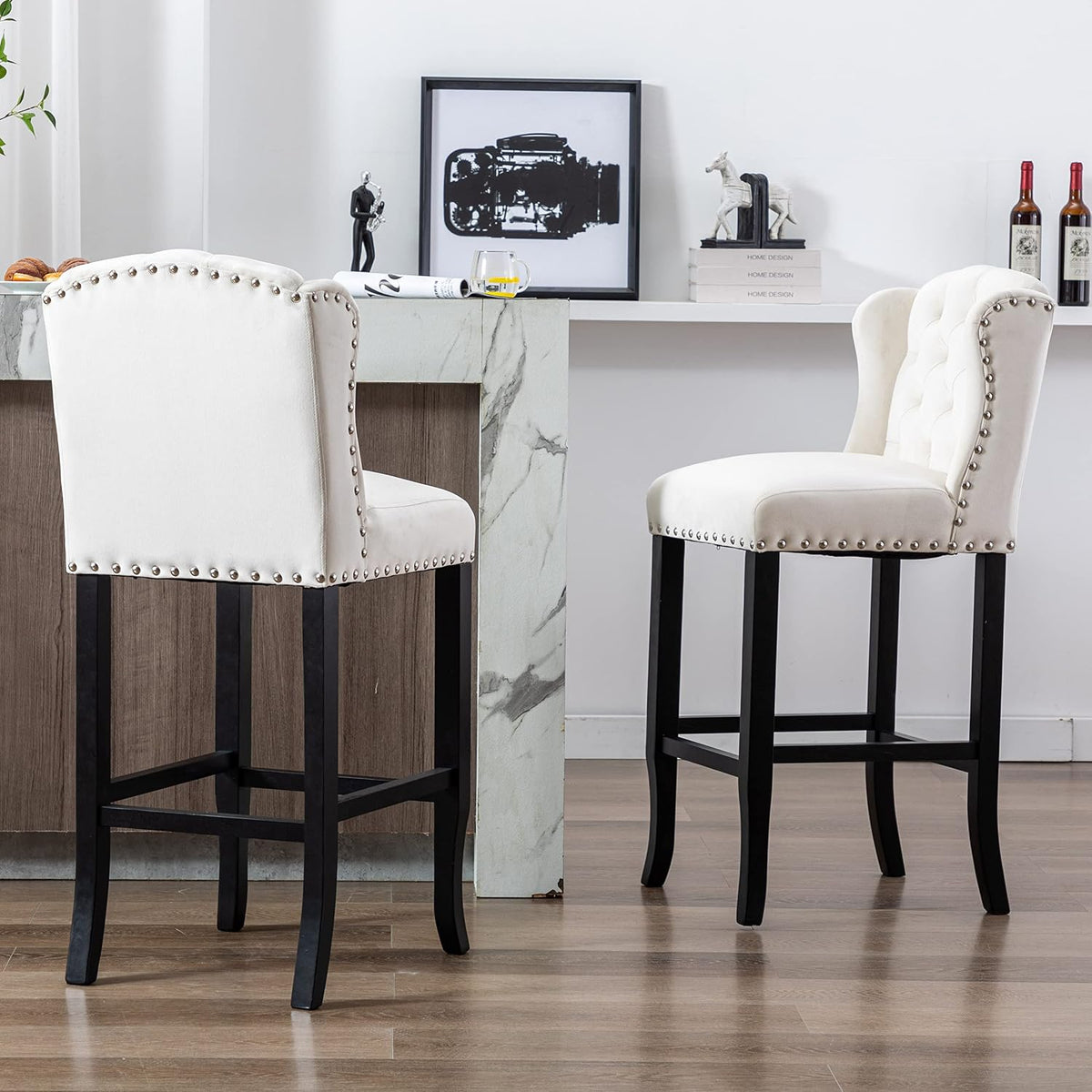 DUOMAY Modern Tufted 30" Bar Stools Set of 4, Velvet White