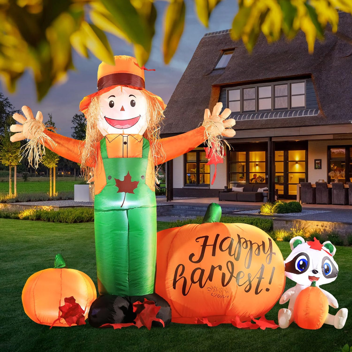 DomKom 6ft Tall LED Lighted Inflatable Scarecrow and Pumpkin – Halloween Thanksgiving Fall Yard Decoration with Built-in Lights – Outdoor Blow Up Decor for Lawn, Garden, Party