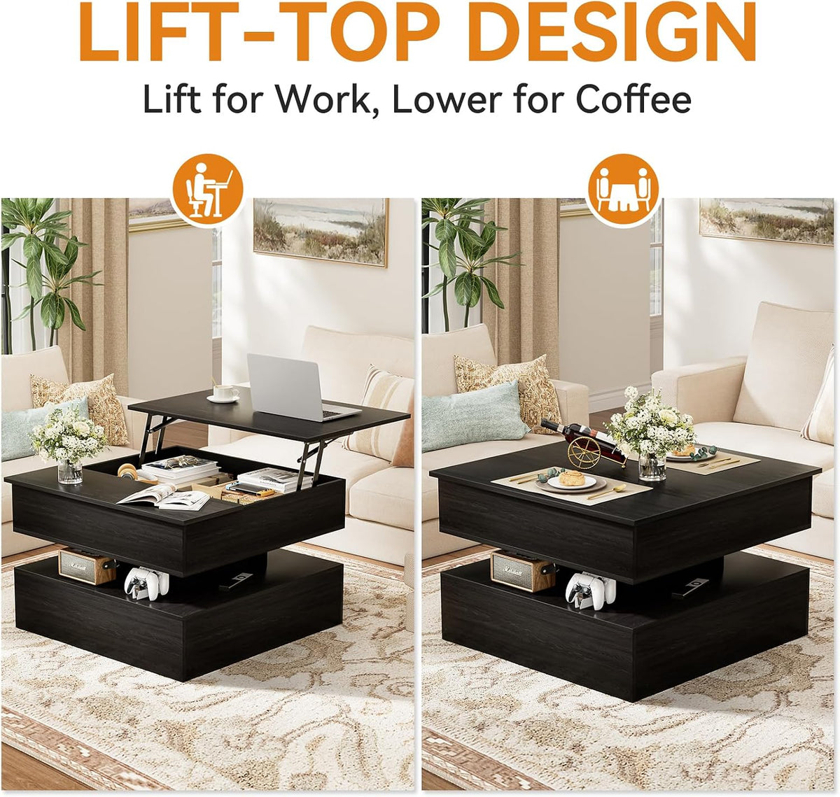 FABATO 31.5” Square Lift Top Coffee Table Hidden Storage, Black