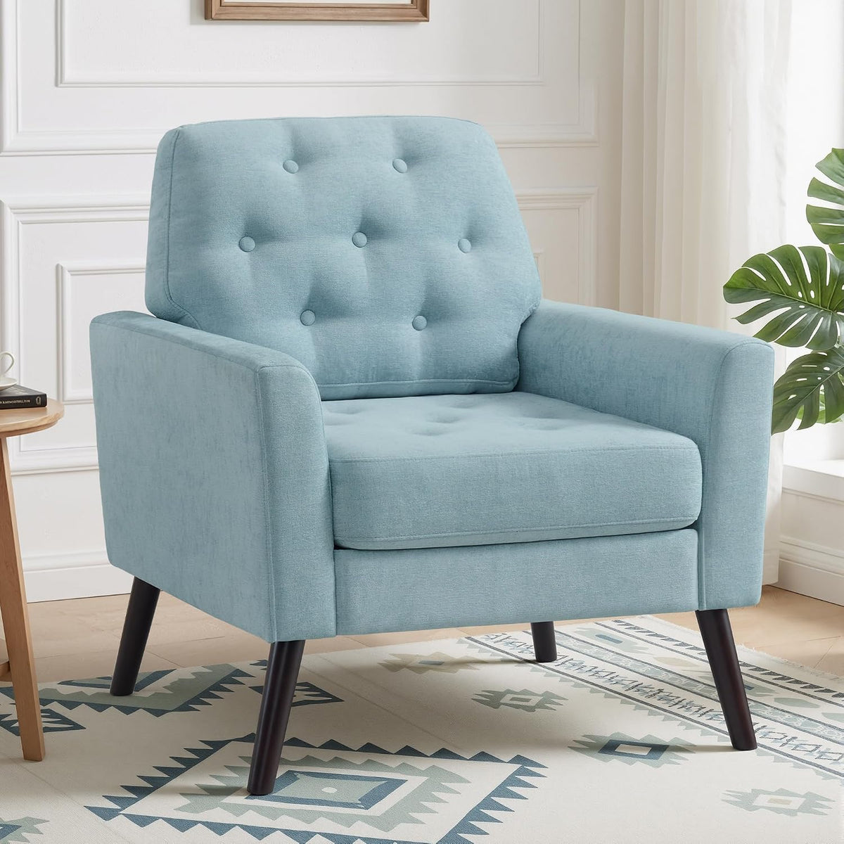 Accent Chair for Living Room, Mid Century Modern Reading Chair, Upholstered Armchair with Tufted Back & Wood Legs, Single Sofa Side Chair for Bedroom Small Room Office Apartment, Teal Green