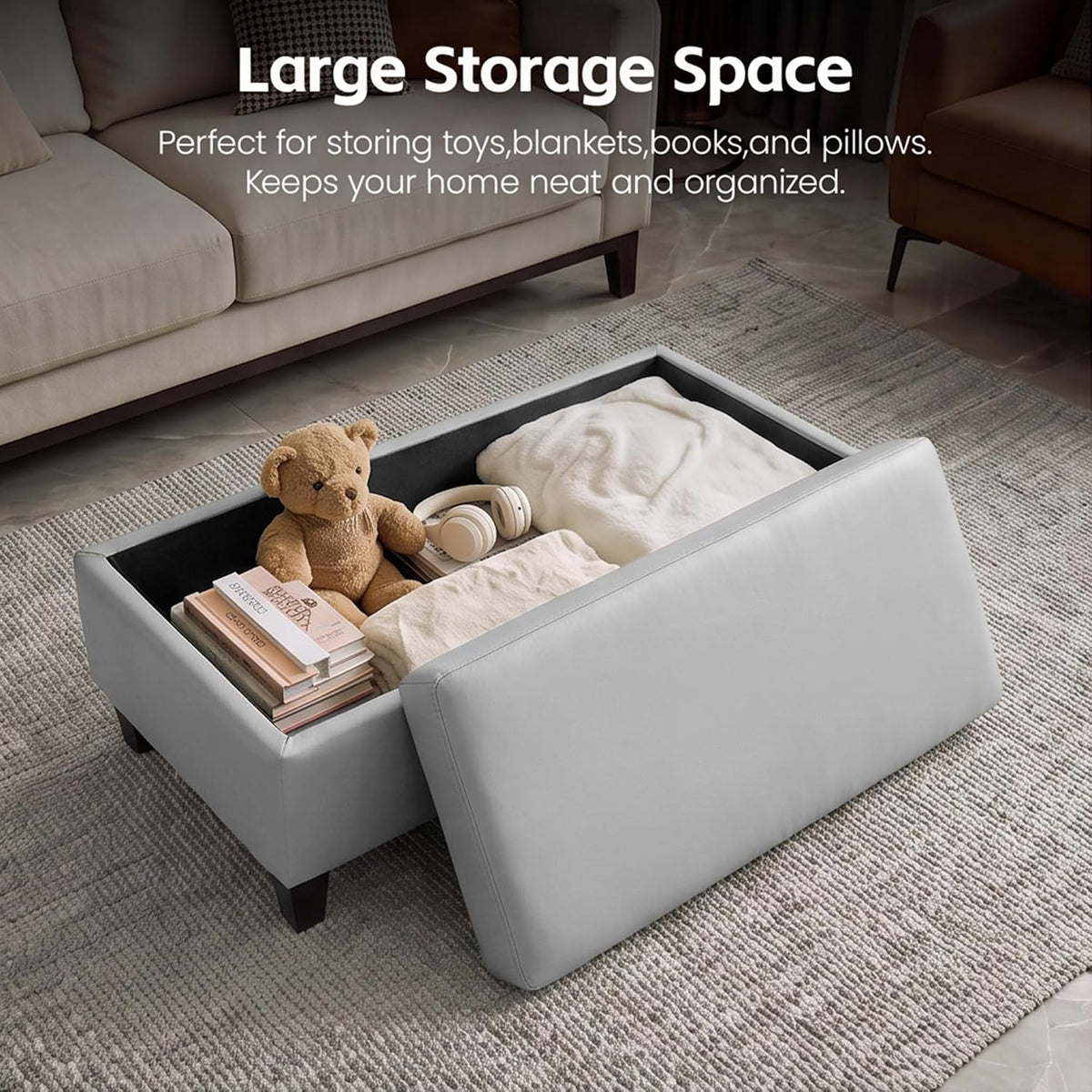 genteaco 45" ottoman coffee table with storage, reversible showing dimensions