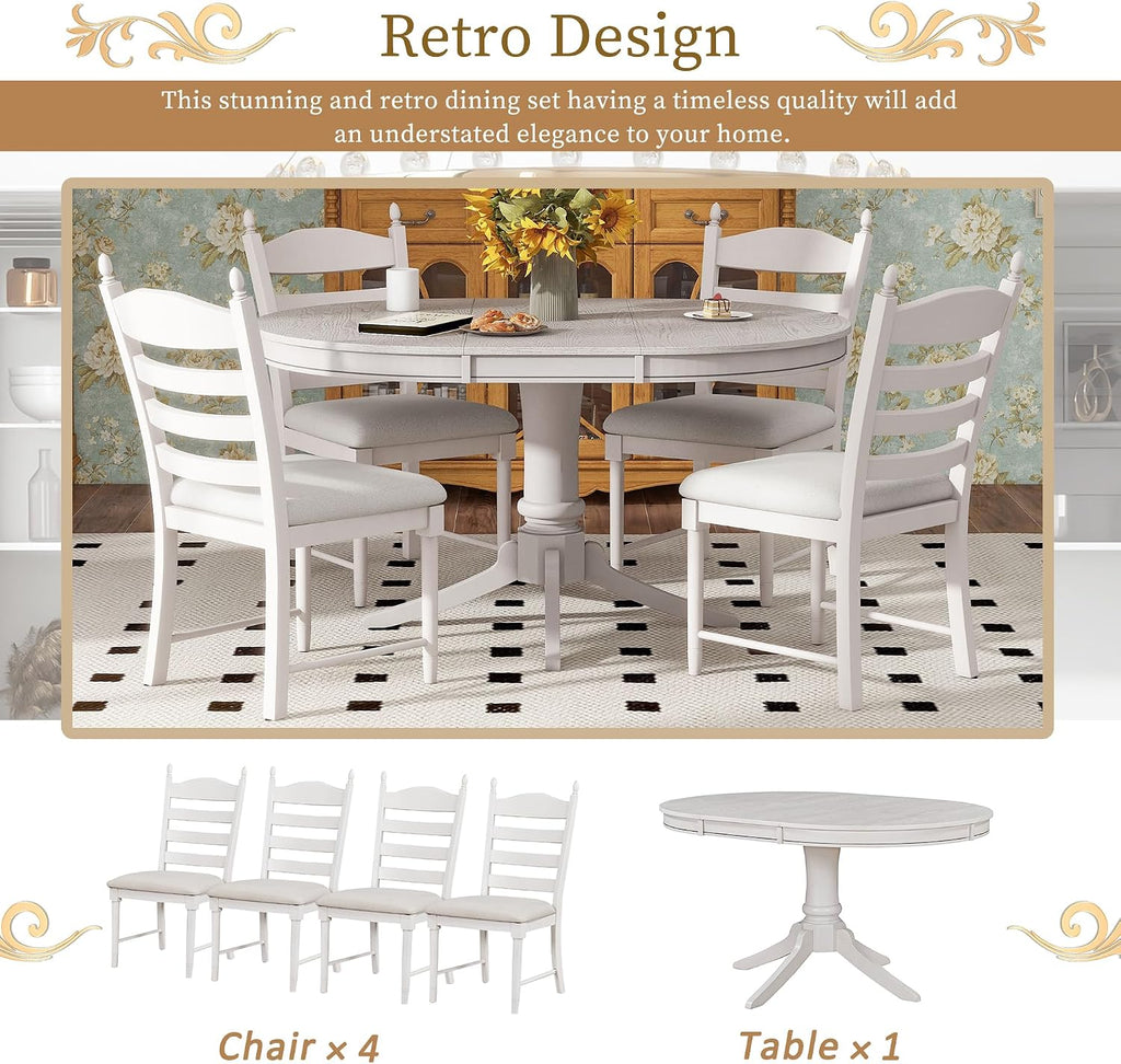 LUMISOL 5-Piece Solid Wood Dining Table Set for 4, Farmhouse Kitchen Table Set with Extendable Round Table & 4 Upholstered Chairs for Kitchen, Dining Room, Small Space, Antique White