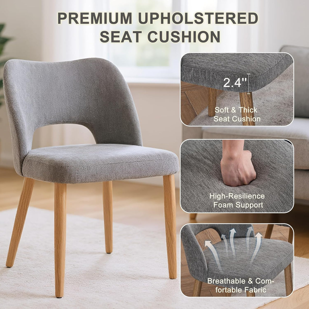 Modern Dining Chairs Set of 2, Upholstered Fabric Kitchen Chairs with Butterfly Hollow Back, Solid Wood Legs, Easy Assembly, Farmhouse Style for Kitchen & Dining Room, Gray
