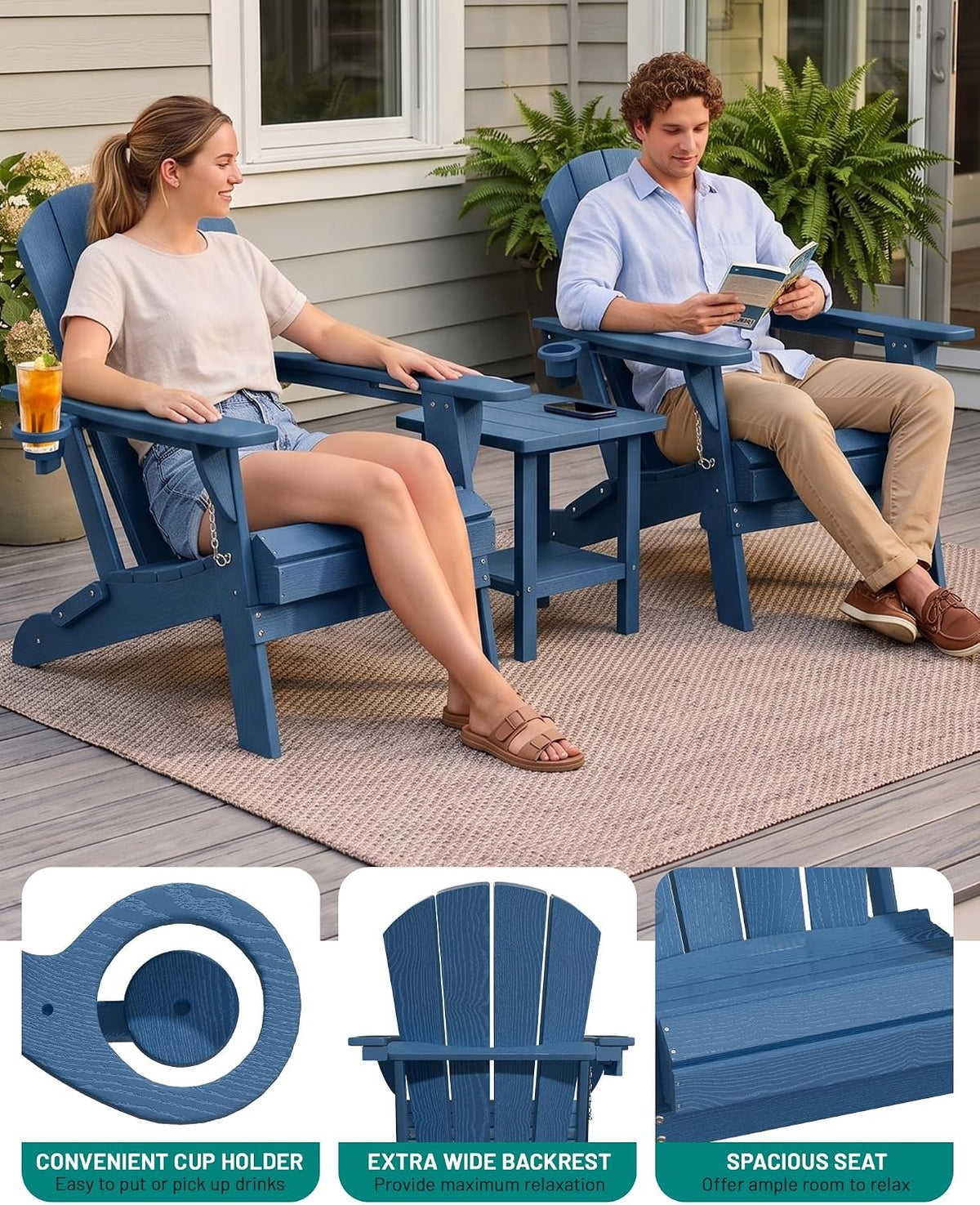 PLUUV Adirondack Chair Set of 4, Fire Pit Chairs with Cup Holder, Navy
