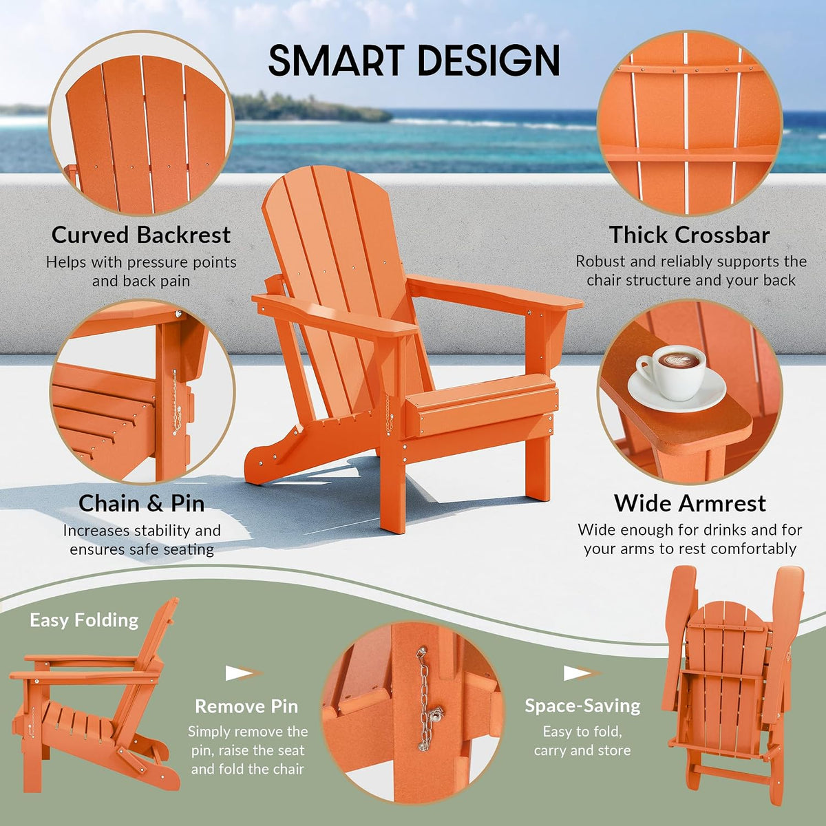 WestinTrends Malibu Outdoor Patio HDPE Folding Adirondack Chair, Orange
