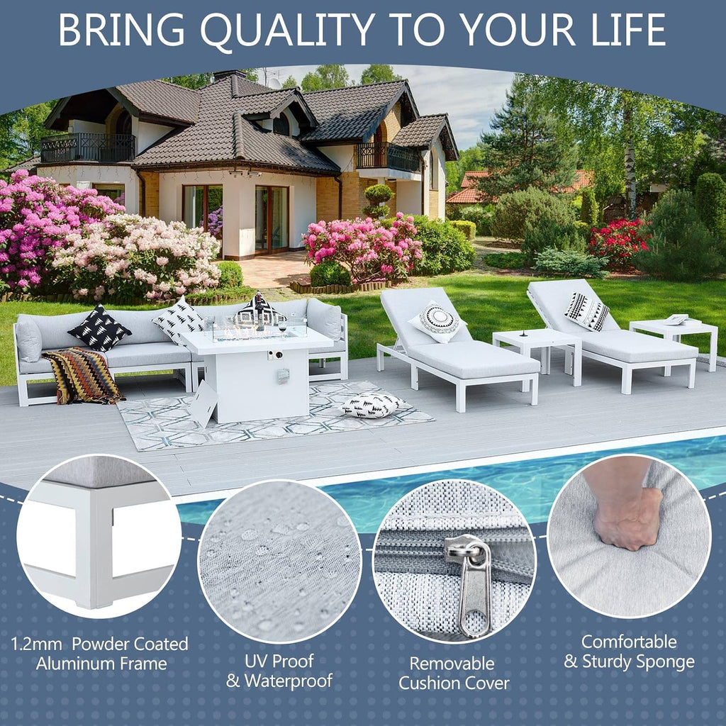 RADIATA 9 Piece Aluminum Outdoor Sofa Set w/Fire Pit & Lounge Chair, White