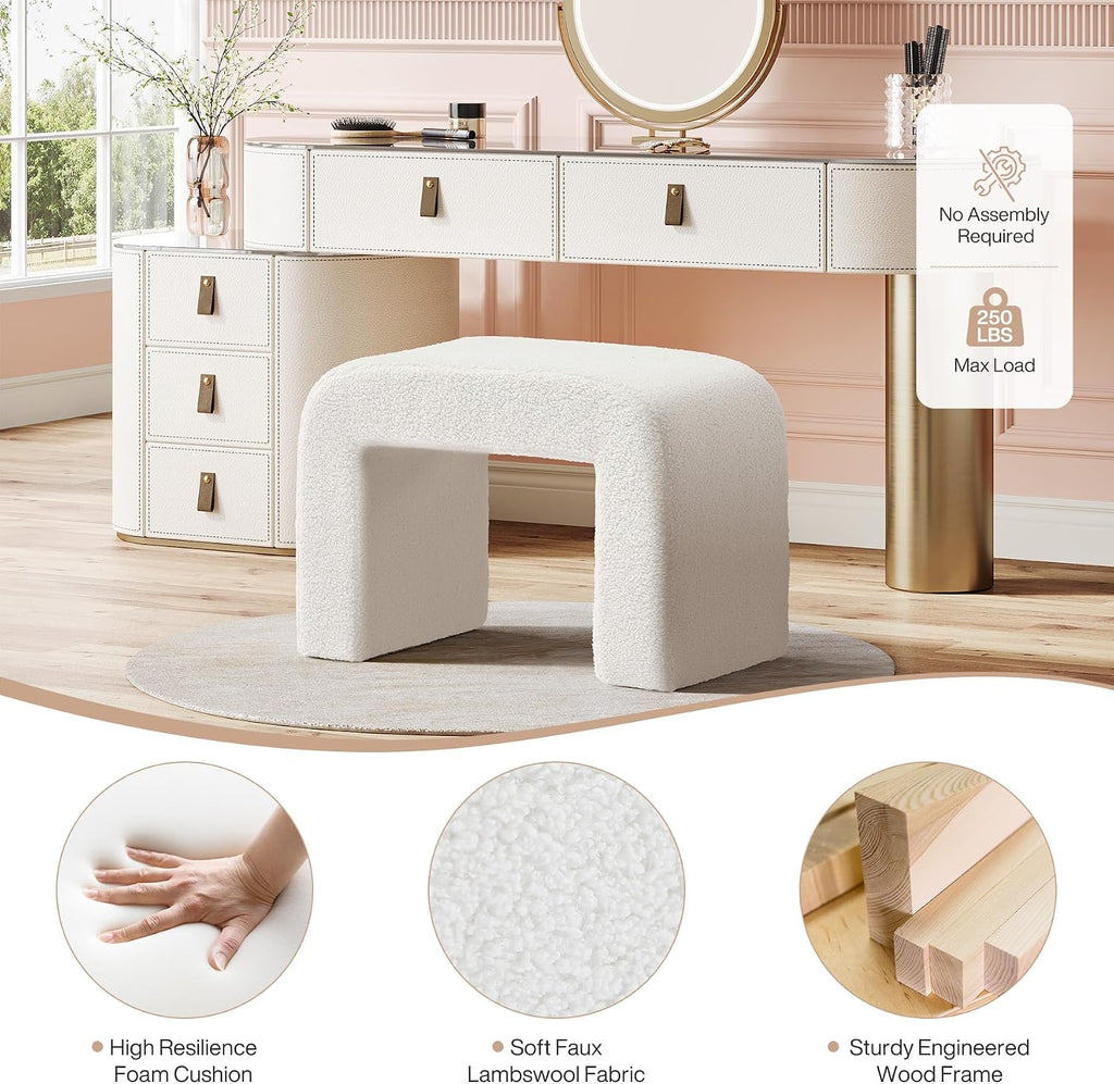 Tribesigns Set of 2 Modern Vanity Stool, Sherpa Upholstered Foot Stool Ottoman, Large Foot Rest for Couch, Shoe Bench for Entryway, Extra Seating for Living Room, Bedroom, No Assembly, White