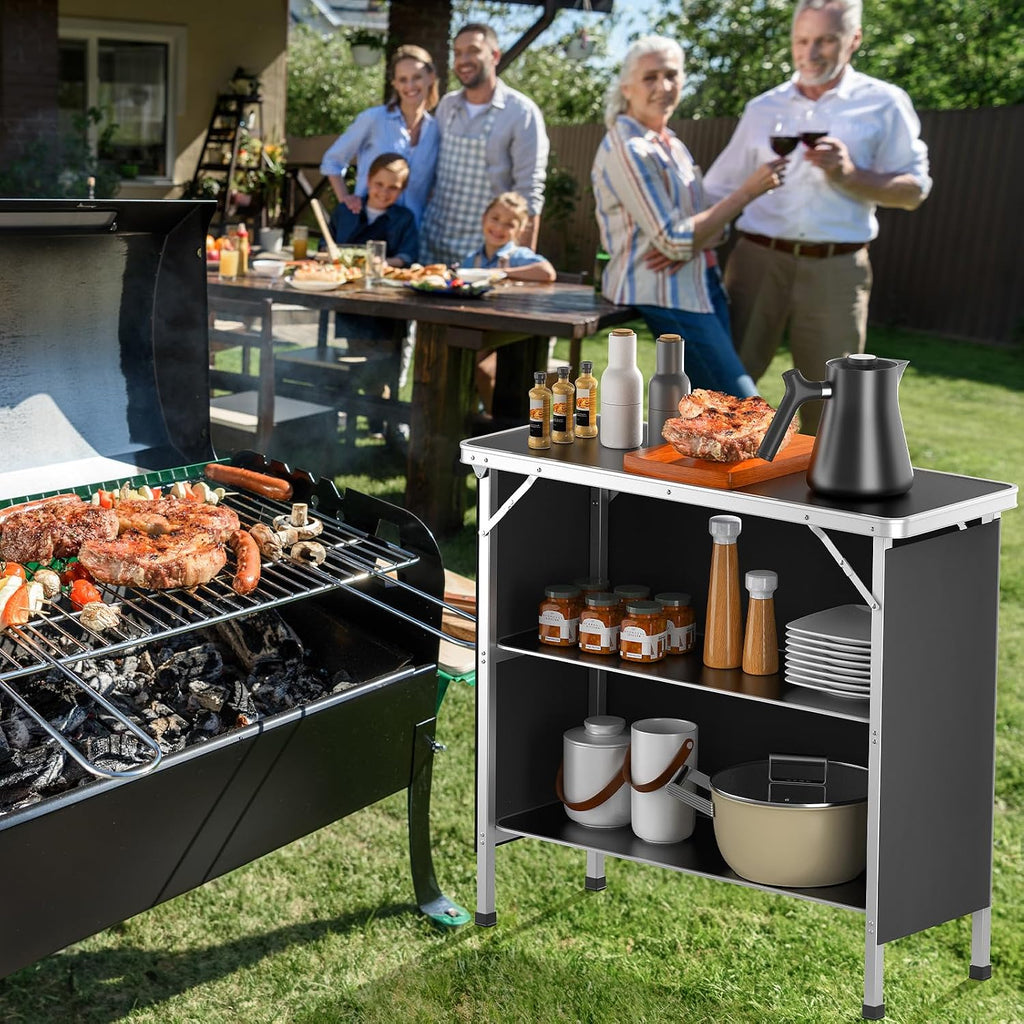 VINGLI Camping Table, Aluminum Portable Bar Table 39''L x 34''H, 2-Tier Storage Shelves, Removable Oxford Cloth, Carrying Bag, Lightweight Folding Table for Events, Outdoor, Party, Picnic