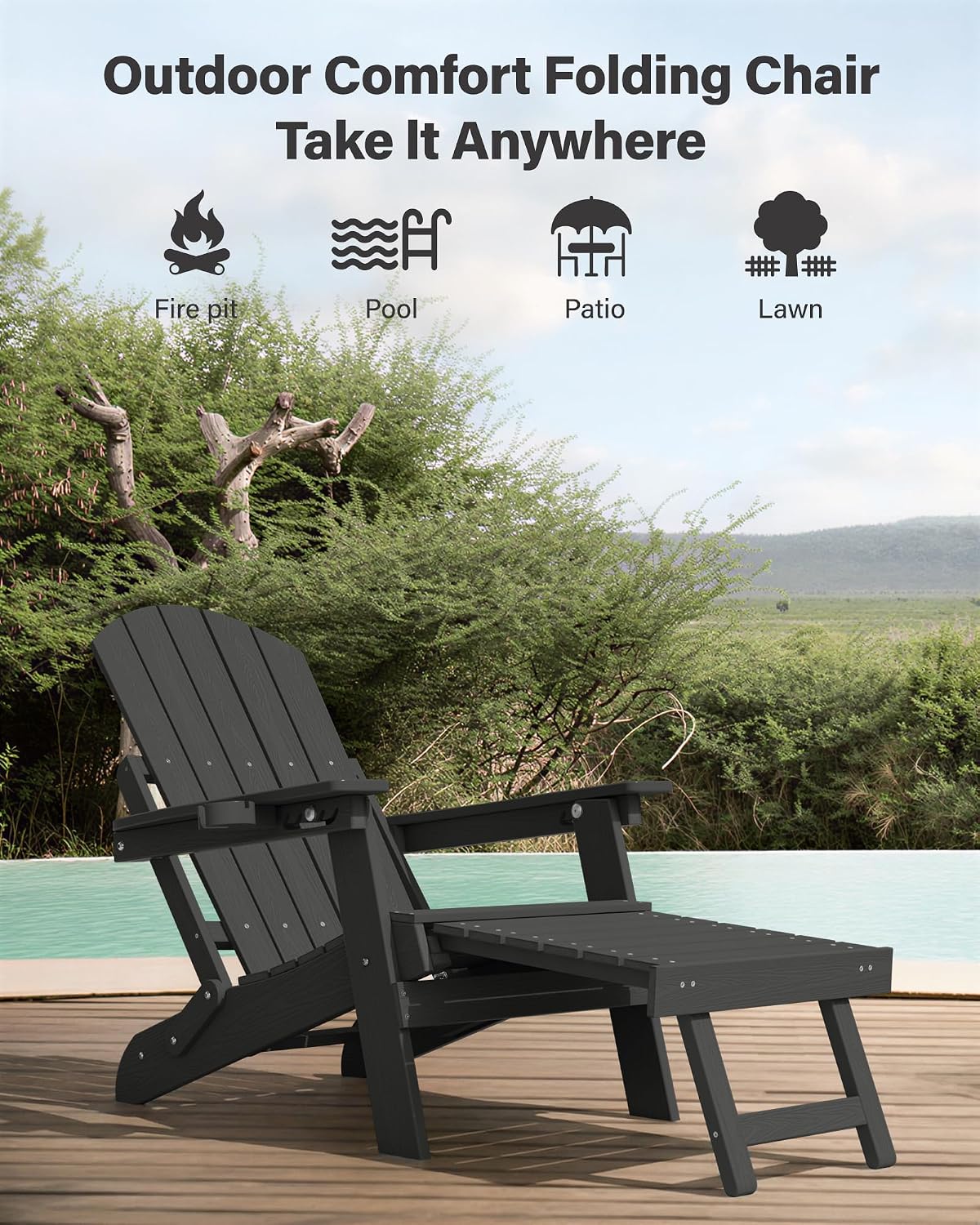 YEFU Adjustable Adirondack Chair with Footrest,All-Weather, Set of 2,Black