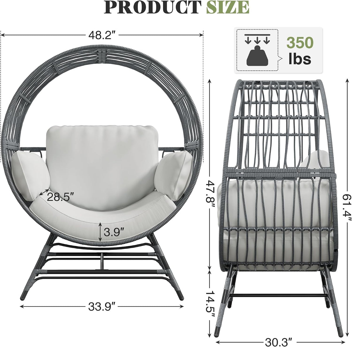 Bifanuo Oversized Egg Chair Indoor/Outdoor Rattan Hanging Basket Chair with Thickened Cushion Supports 350LBS – Wicker Patio Lounge Chair for Balcony Porch Living Room Backyard (Grey)