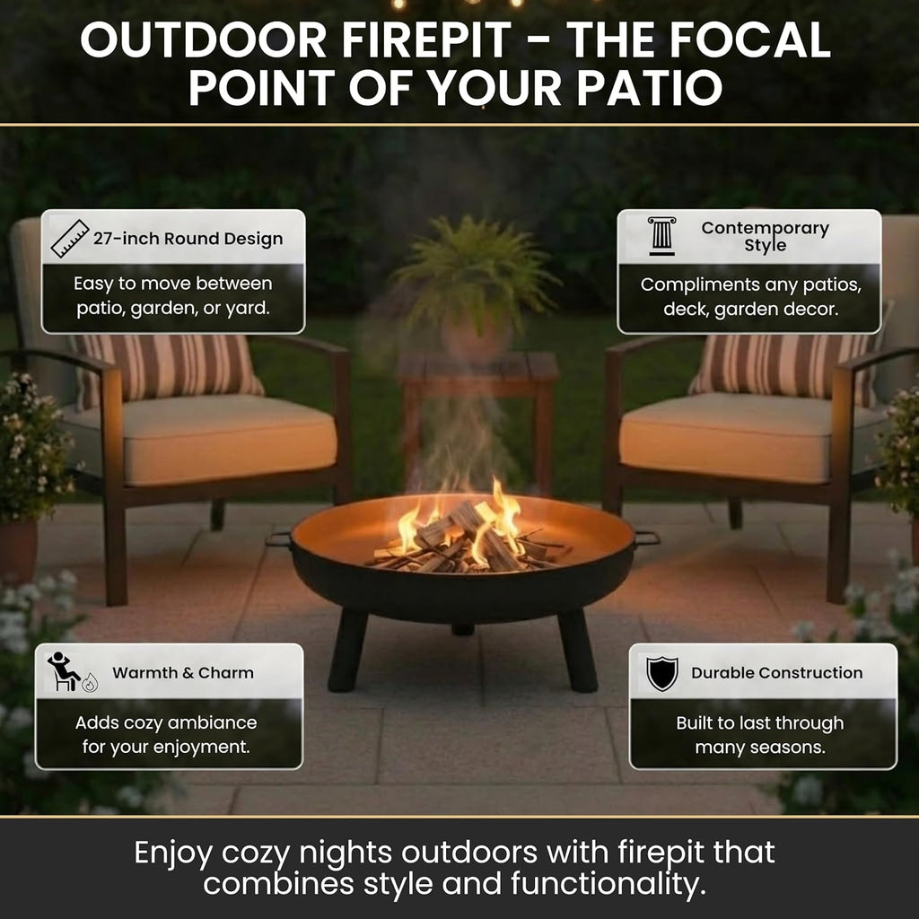 Pure Garden Outdoor Fire Pit, Black, 27.5-Inch