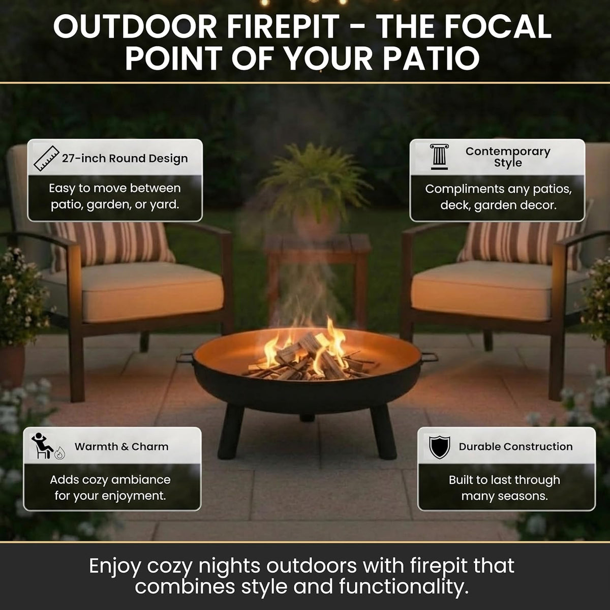 Pure Garden Outdoor Fire Pit, Black, 27.5-Inch