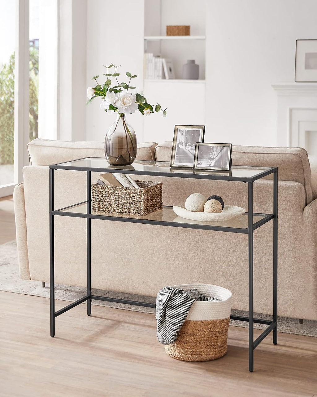 VASAGLE 39.4 Inchs Console Sofa Table, Tempered Glass, 2 Shelves